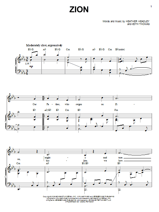 Heather Headley Zion Sheet Music Notes & Chords for Piano, Vocal & Guitar (Right-Hand Melody) - Download or Print PDF