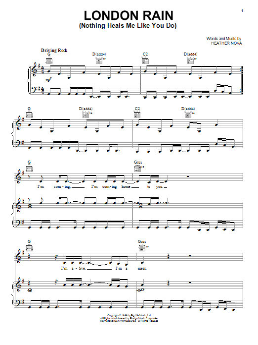 Heather Nova London Rain (Nothing Heals Me Like You Do) Sheet Music Notes & Chords for Piano, Vocal & Guitar (Right-Hand Melody) - Download or Print PDF