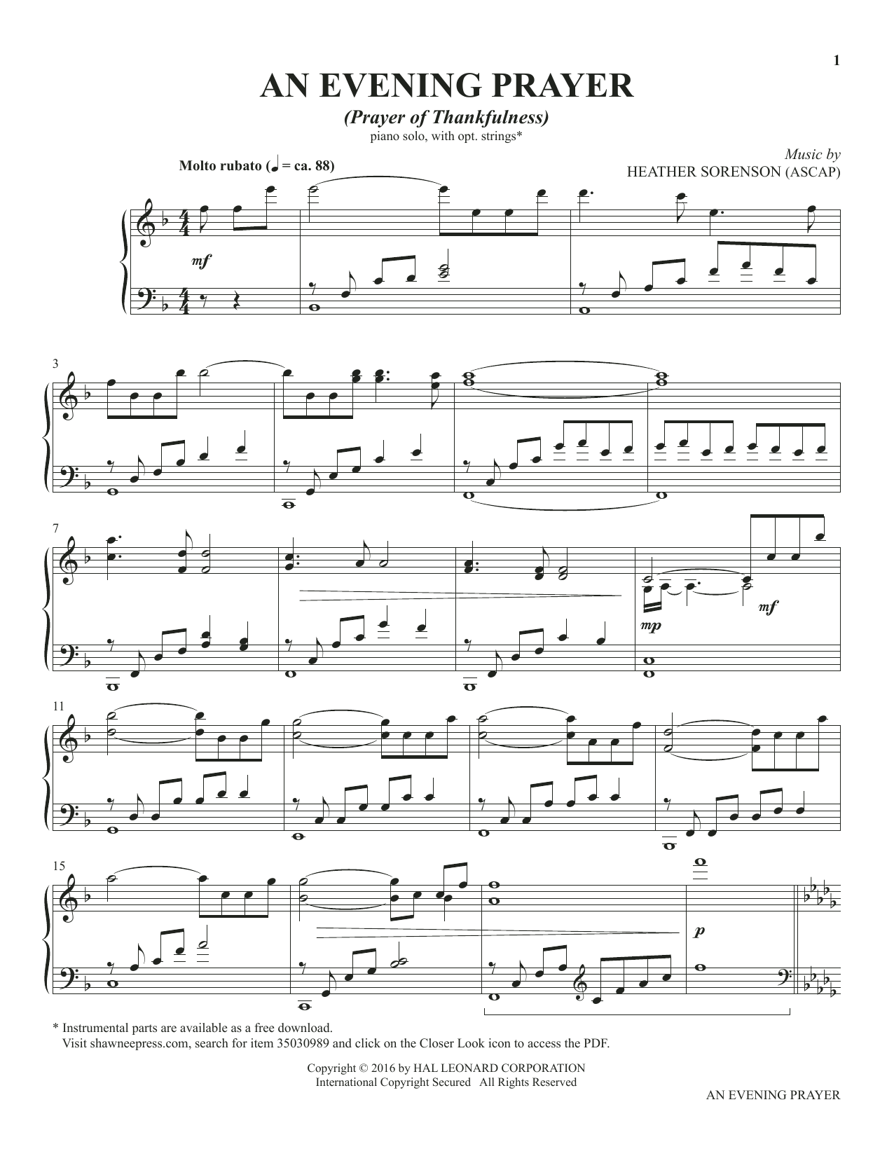 Heather Sorenson An Evening Prayer (from The Prayer Project) Sheet Music Notes & Chords for Piano Solo - Download or Print PDF