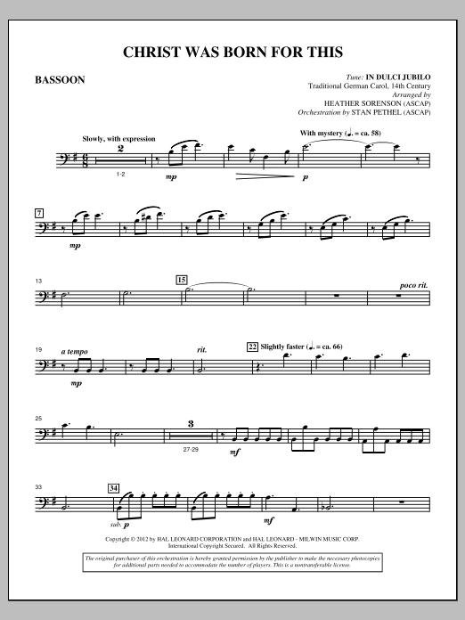 Heather Sorenson Christ Was Born For This - Bassoon Sheet Music Notes & Chords for Choir Instrumental Pak - Download or Print PDF