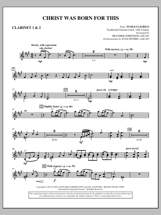 Heather Sorenson Christ Was Born For This - Bb Clarinet 1,2 Sheet Music Notes & Chords for Choir Instrumental Pak - Download or Print PDF