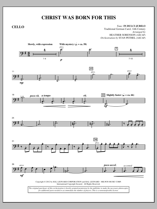 Heather Sorenson Christ Was Born For This - Cello Sheet Music Notes & Chords for Choir Instrumental Pak - Download or Print PDF