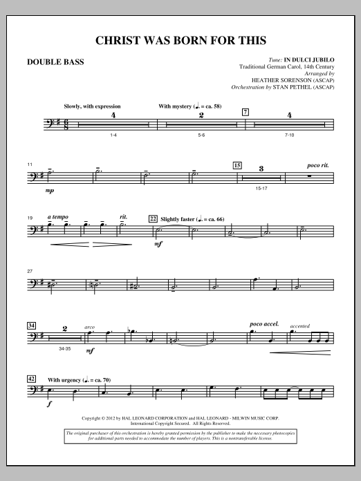 Heather Sorenson Christ Was Born For This - Double Bass Sheet Music Notes & Chords for Choir Instrumental Pak - Download or Print PDF