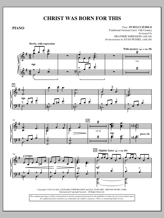 Heather Sorenson Christ Was Born For This - Piano Sheet Music Notes & Chords for Choir Instrumental Pak - Download or Print PDF