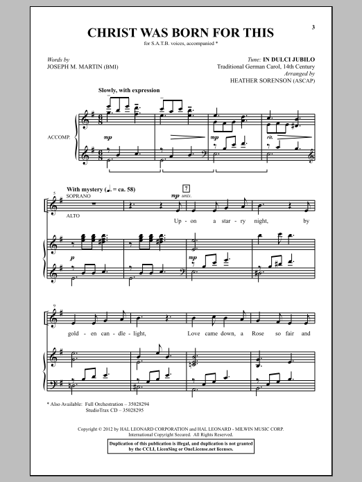 Heather Sorenson Christ Was Born For This Sheet Music Notes & Chords for SATB - Download or Print PDF