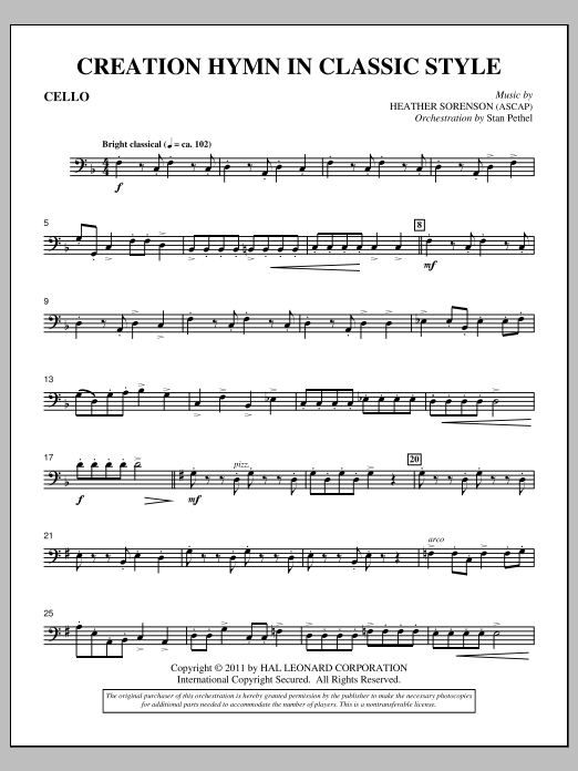 Heather Sorenson Creation Hymn In Classic Style - Cello Sheet Music Notes & Chords for Choir Instrumental Pak - Download or Print PDF