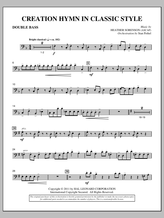 Heather Sorenson Creation Hymn In Classic Style - Double Bass Sheet Music Notes & Chords for Choir Instrumental Pak - Download or Print PDF