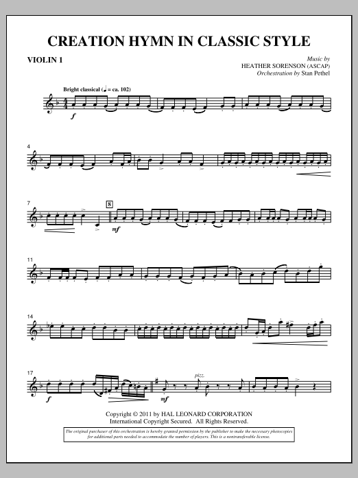 Heather Sorenson Creation Hymn In Classic Style - Violin 1 Sheet Music Notes & Chords for Choir Instrumental Pak - Download or Print PDF