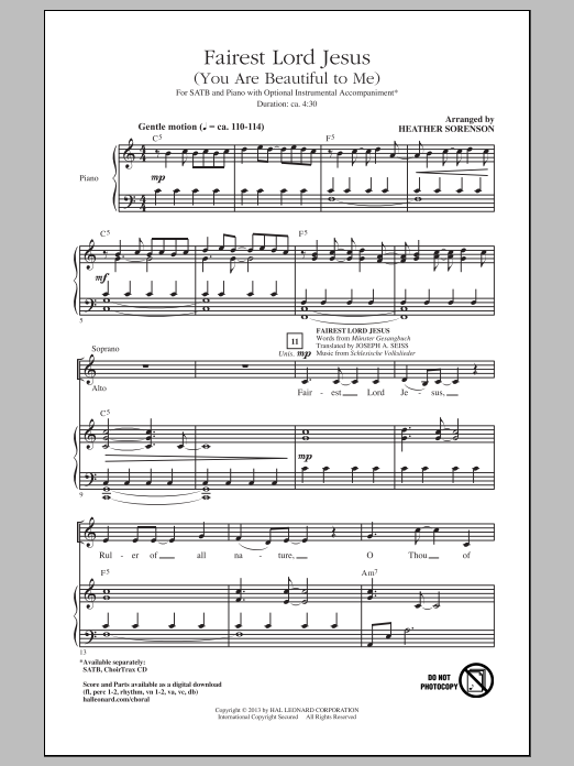 Heather Sorenson Fairest Lord Jesus (You Are Beautiful To Me) Sheet Music Notes & Chords for SATB - Download or Print PDF
