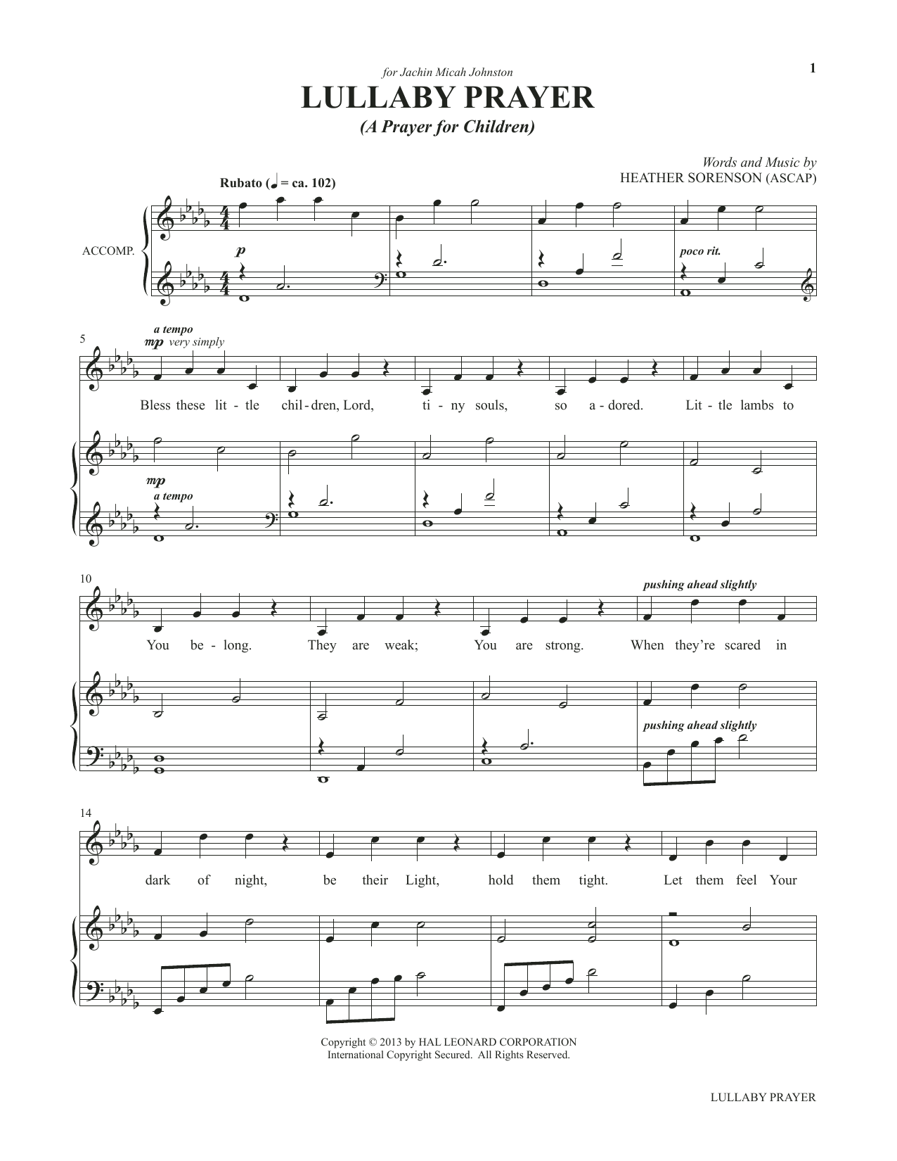 Heather Sorenson Lullaby Prayer (A Prayer For Children) (from My Alleluia: Vocal Solos for Worship) Sheet Music Notes & Chords for Piano & Vocal - Download or Print PDF