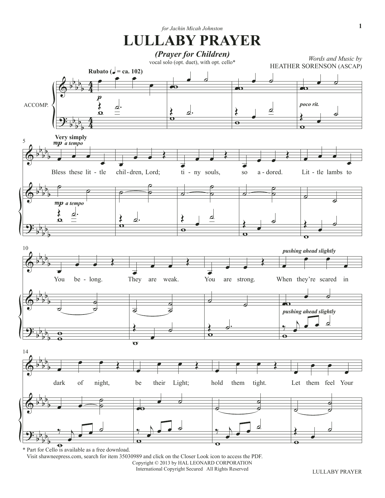 Heather Sorenson Lullaby Prayer (A Prayer For Children) (from The Prayer Project) Sheet Music Notes & Chords for Piano & Vocal - Download or Print PDF