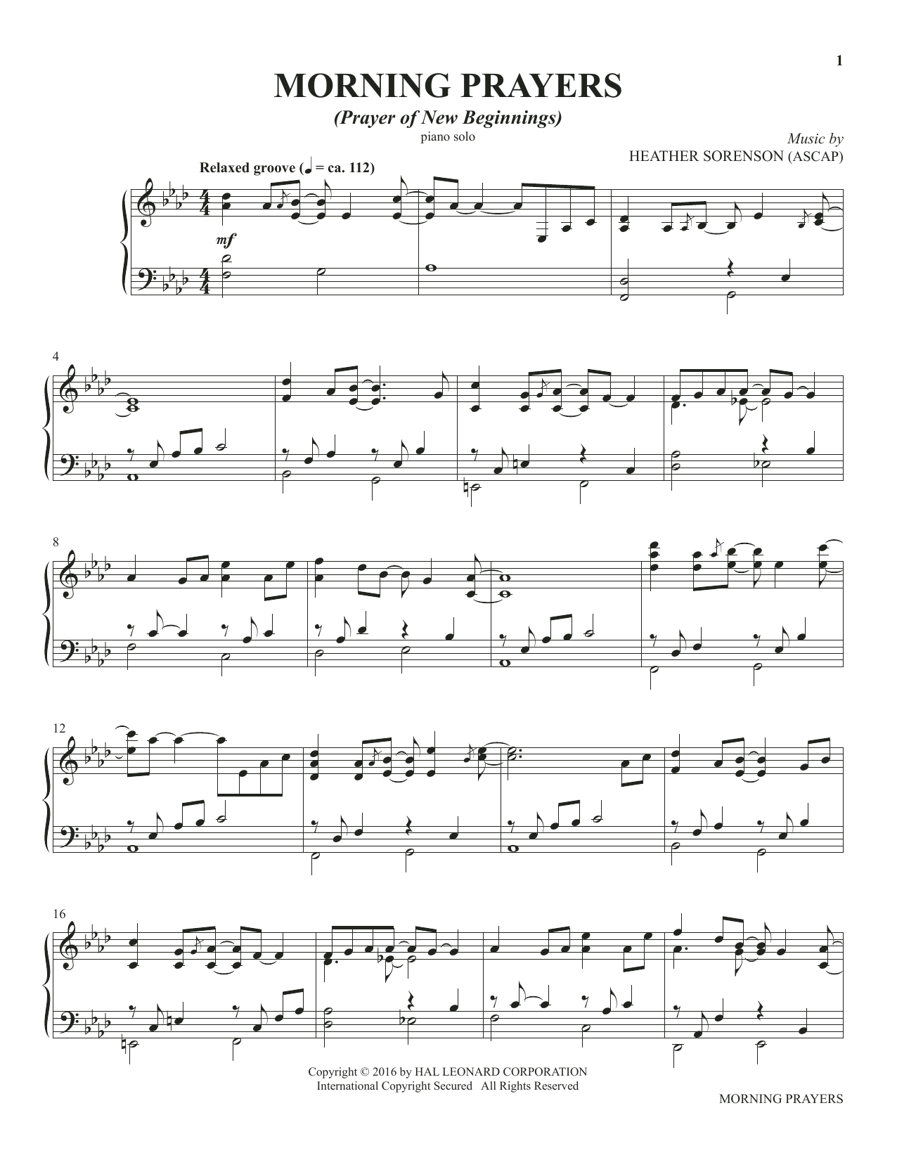 Heather Sorenson Morning Prayers (from The Prayer Project) Sheet Music Notes & Chords for Piano Solo - Download or Print PDF