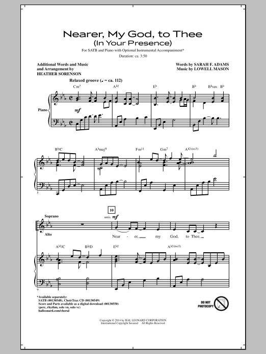 Lowell Mason Nearer, My God, To Thee (In His Presence) (arr. Heather Sorenson) Sheet Music Notes & Chords for SATB - Download or Print PDF