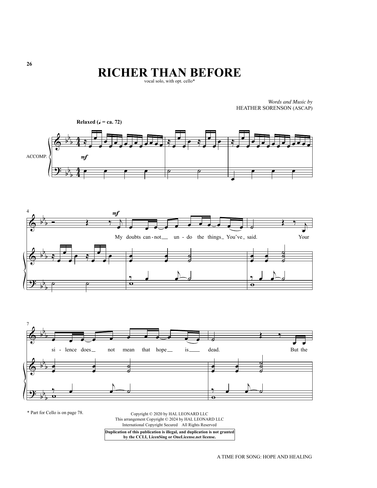 Heather Sorenson Richer Than Before (for High Voice, Acoustic Guitar and Cello) Sheet Music Notes & Chords for Piano & Vocal - Download or Print PDF