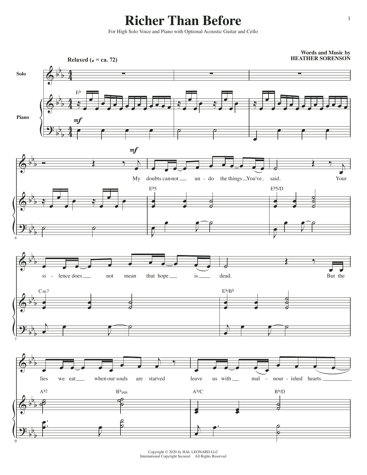 Heather Sorenson Richer Than Before (for High Voice, Acoustic Guitar and Cello) Sheet Music Notes & Chords for Piano & Vocal - Download or Print PDF
