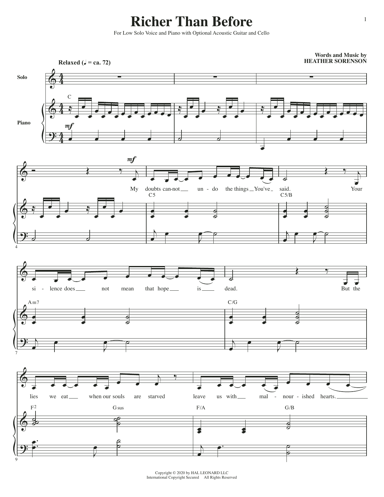 Heather Sorenson Richer Than Before (for Low Voice, Acoustic Guitar and Cello) Sheet Music Notes & Chords for Piano & Vocal - Download or Print PDF