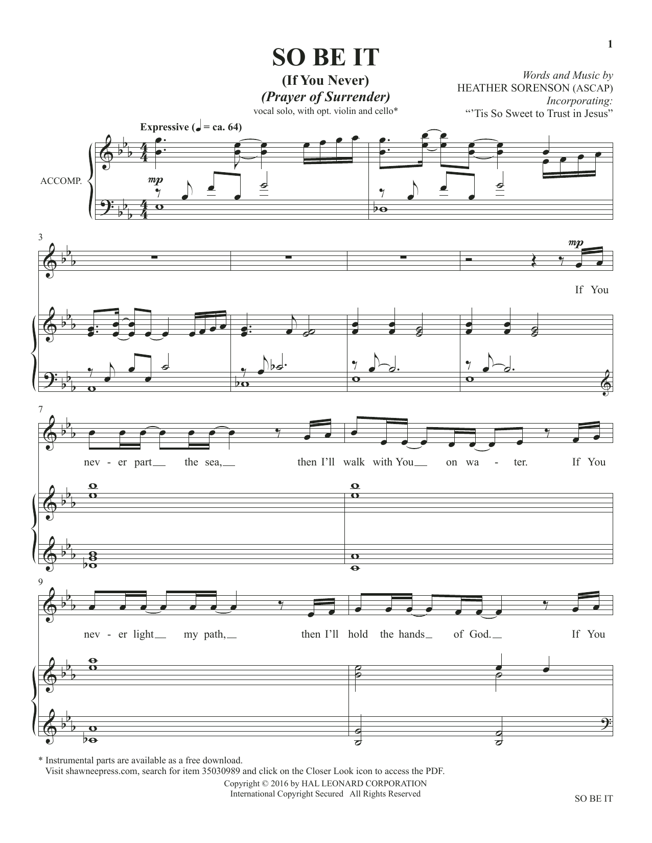 Heather Sorenson So Be It (If You Never) (from The Prayer Project) Sheet Music Notes & Chords for Piano & Vocal - Download or Print PDF
