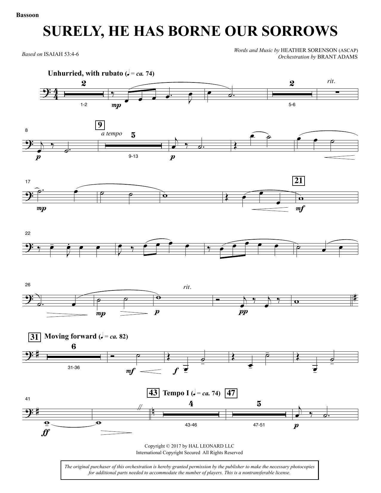 Heather Sorenson Surely, He Has Borne Our Sorrows - Bassoon Sheet Music Notes & Chords for Choral Instrumental Pak - Download or Print PDF