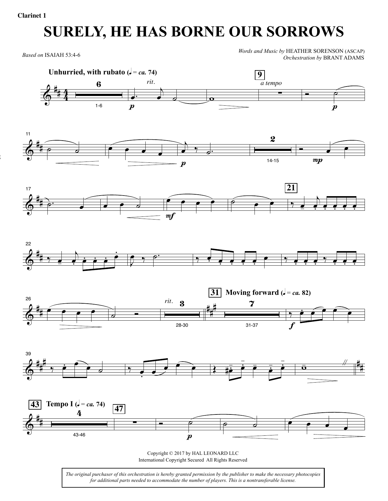 Heather Sorenson Surely, He Has Borne Our Sorrows - Bb Clarinet 1 Sheet Music Notes & Chords for Choral Instrumental Pak - Download or Print PDF