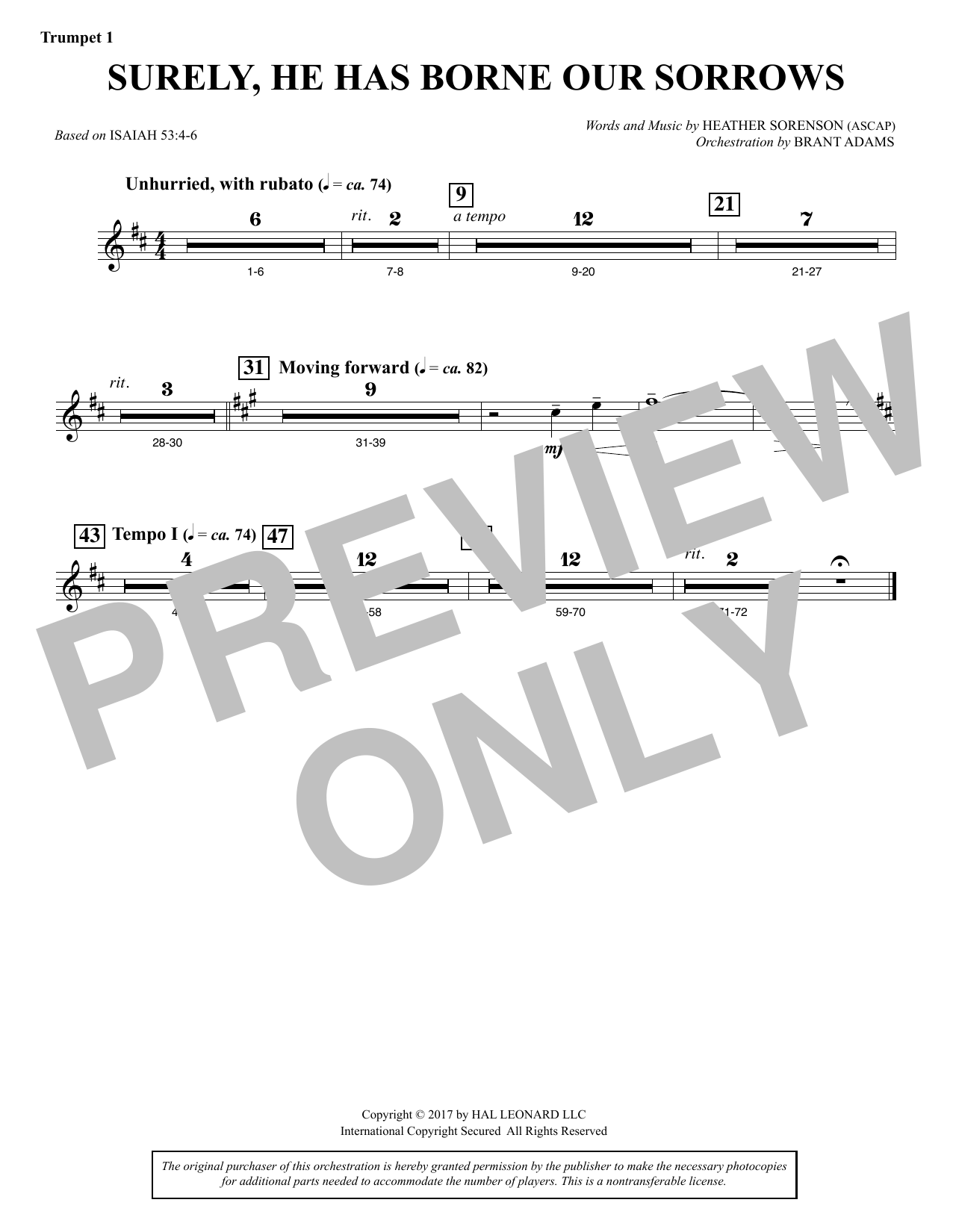 Heather Sorenson Surely, He Has Borne Our Sorrows - Bb Trumpet 1 Sheet Music Notes & Chords for Choral Instrumental Pak - Download or Print PDF