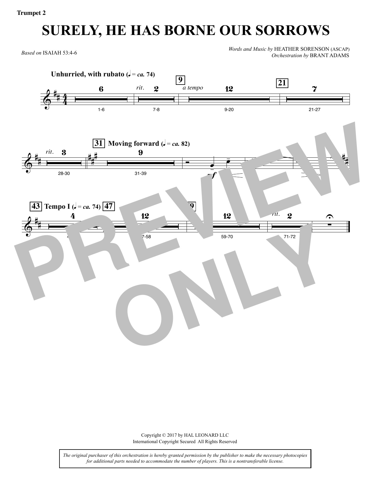 Heather Sorenson Surely, He Has Borne Our Sorrows - Bb Trumpet 2 Sheet Music Notes & Chords for Choral Instrumental Pak - Download or Print PDF