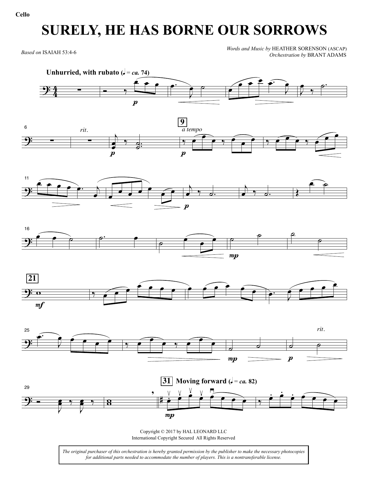 Heather Sorenson Surely, He Has Borne Our Sorrows - Cello Sheet Music Notes & Chords for Choral Instrumental Pak - Download or Print PDF