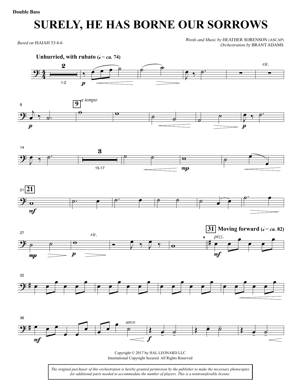 Heather Sorenson Surely, He Has Borne Our Sorrows - Double Bass Sheet Music Notes & Chords for Choral Instrumental Pak - Download or Print PDF