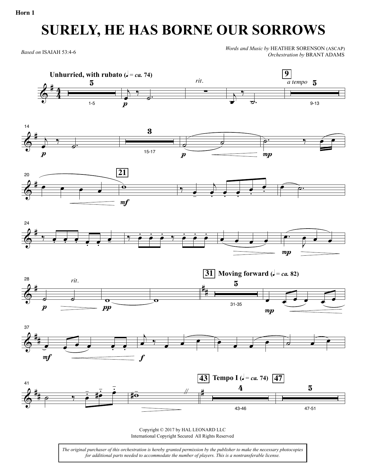 Heather Sorenson Surely, He Has Borne Our Sorrows - F Horn 1 Sheet Music Notes & Chords for Choral Instrumental Pak - Download or Print PDF