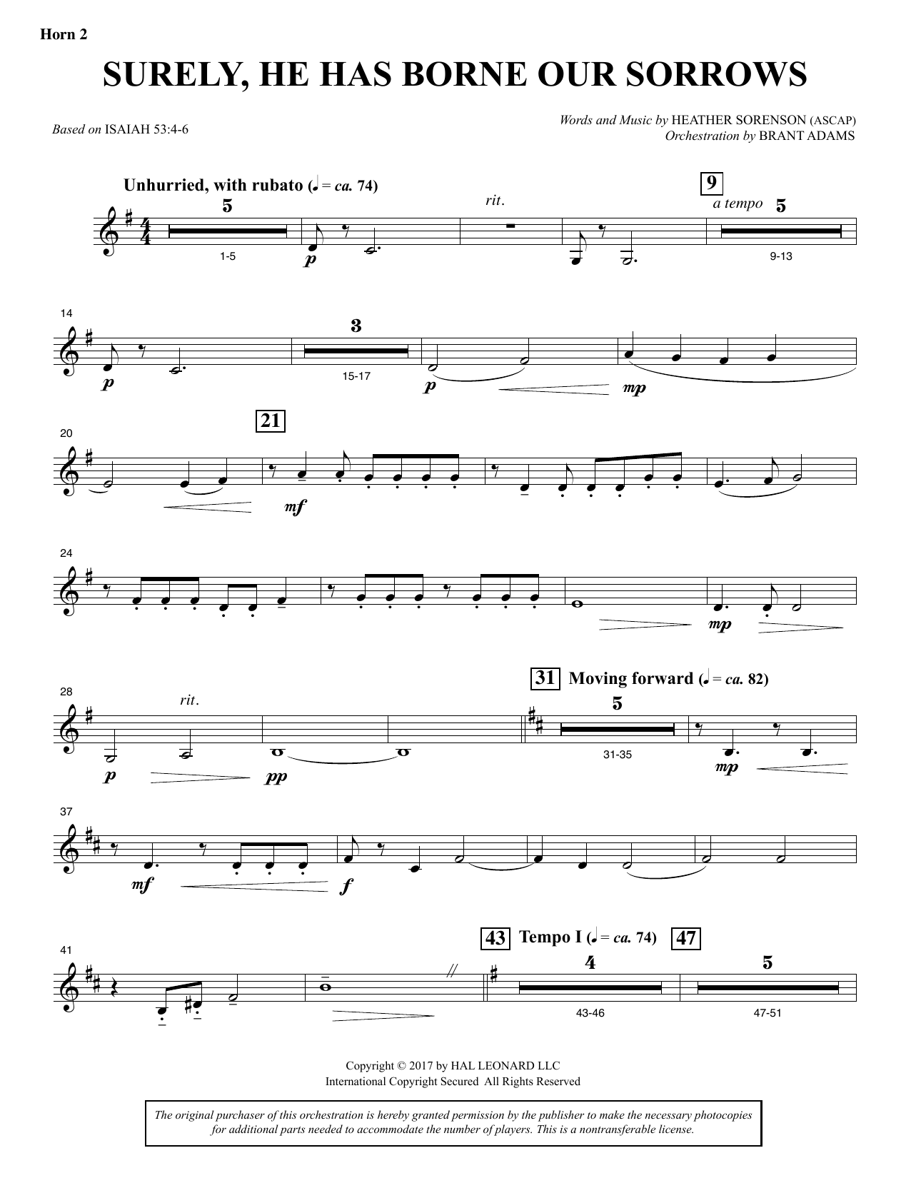 Heather Sorenson Surely, He Has Borne Our Sorrows - F Horn 2 Sheet Music Notes & Chords for Choral Instrumental Pak - Download or Print PDF