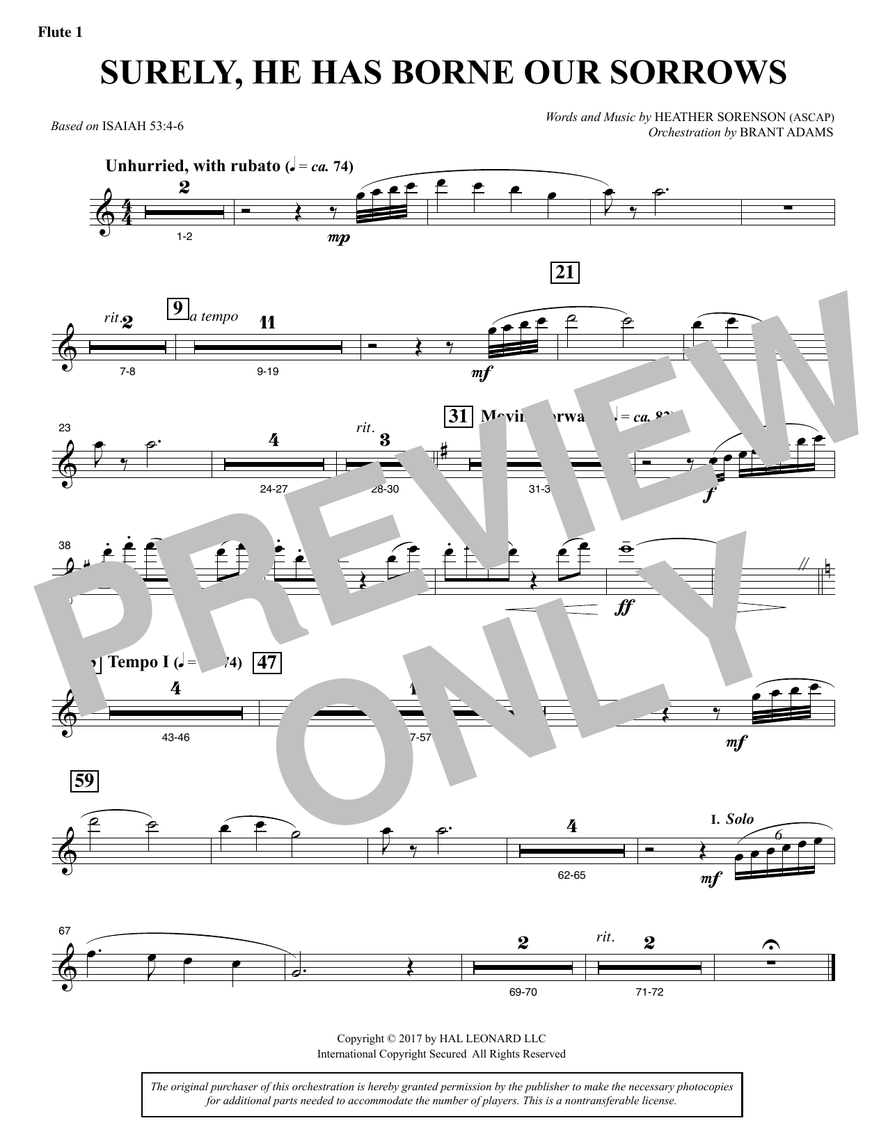 Heather Sorenson Surely, He Has Borne Our Sorrows - Flute 1 Sheet Music Notes & Chords for Choral Instrumental Pak - Download or Print PDF