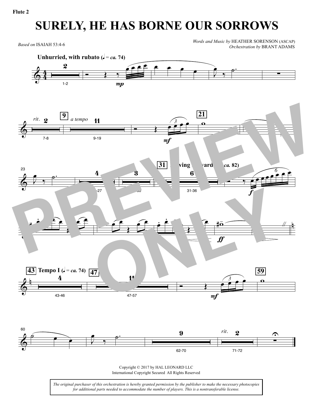 Heather Sorenson Surely, He Has Borne Our Sorrows - Flute 2 Sheet Music Notes & Chords for Choral Instrumental Pak - Download or Print PDF