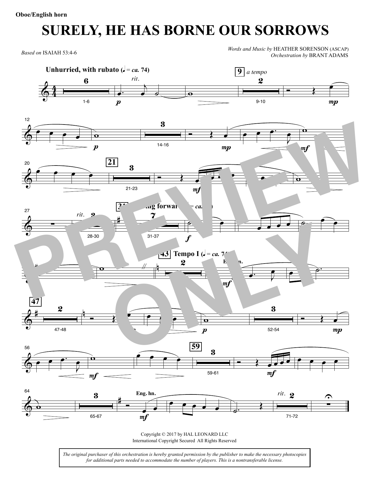 Heather Sorenson Surely, He Has Borne Our Sorrows - Oboe/English Horn Sheet Music Notes & Chords for Choral Instrumental Pak - Download or Print PDF Heather Sorenson Surely, He Has Borne Our Sorrows - Oboe/English Horn Sheet Music Notes & Chords for Choral Instrumental Pak - Download or Print PDF