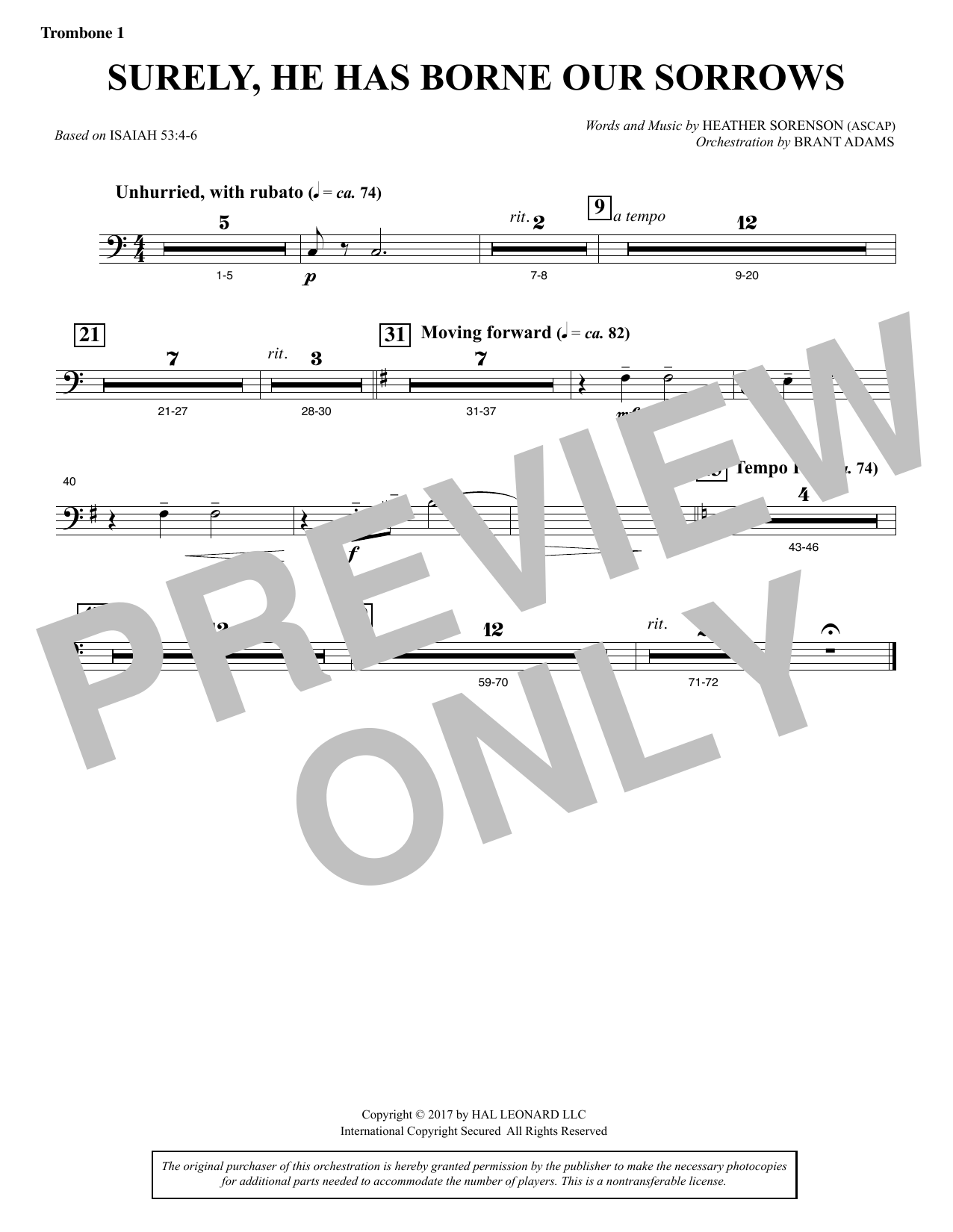 Heather Sorenson Surely, He Has Borne Our Sorrows - Trombone 1 Sheet Music Notes & Chords for Choral Instrumental Pak - Download or Print PDF