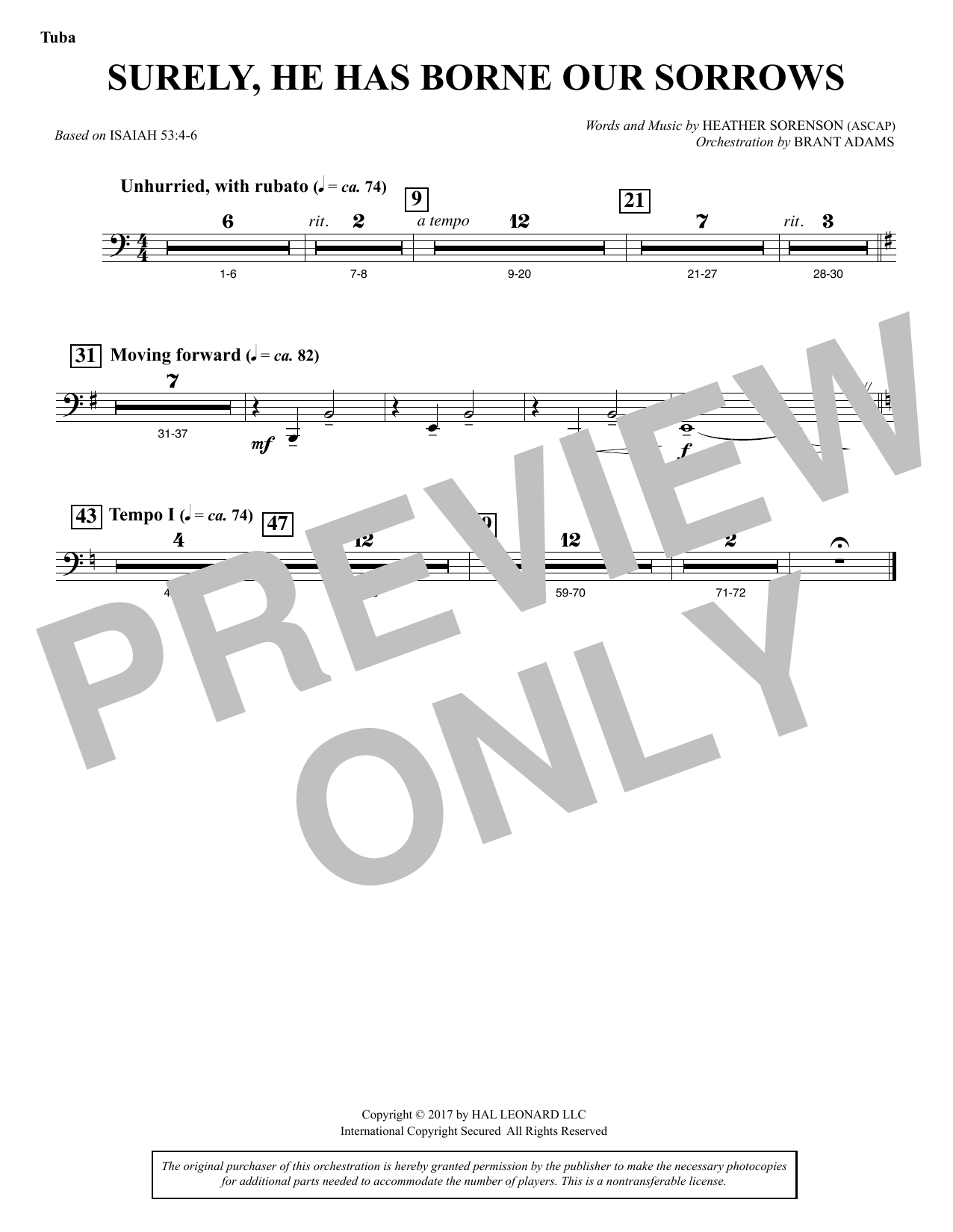 Heather Sorenson Surely, He Has Borne Our Sorrows - Tuba Sheet Music Notes & Chords for Choral Instrumental Pak - Download or Print PDF