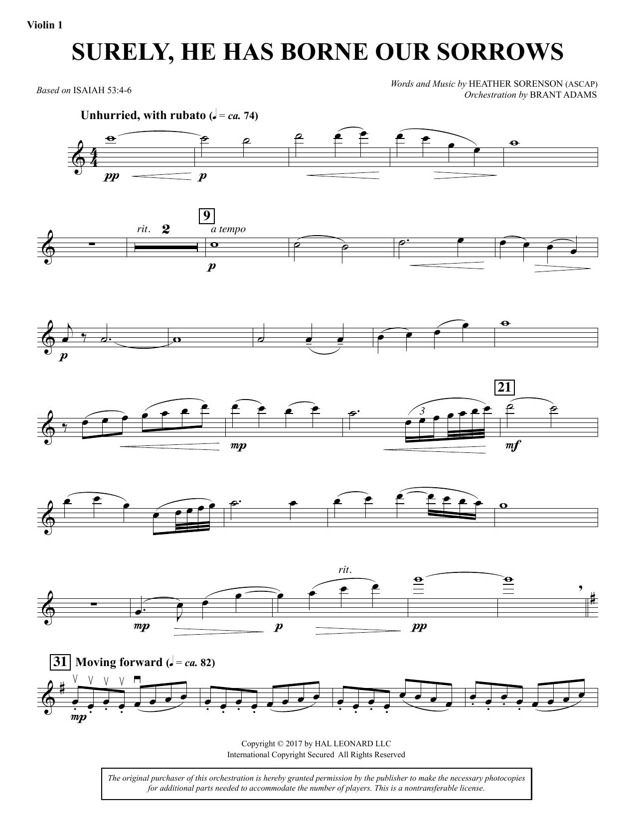 Heather Sorenson Surely, He Has Borne Our Sorrows - Violin 1 Sheet Music Notes & Chords for Choral Instrumental Pak - Download or Print PDF