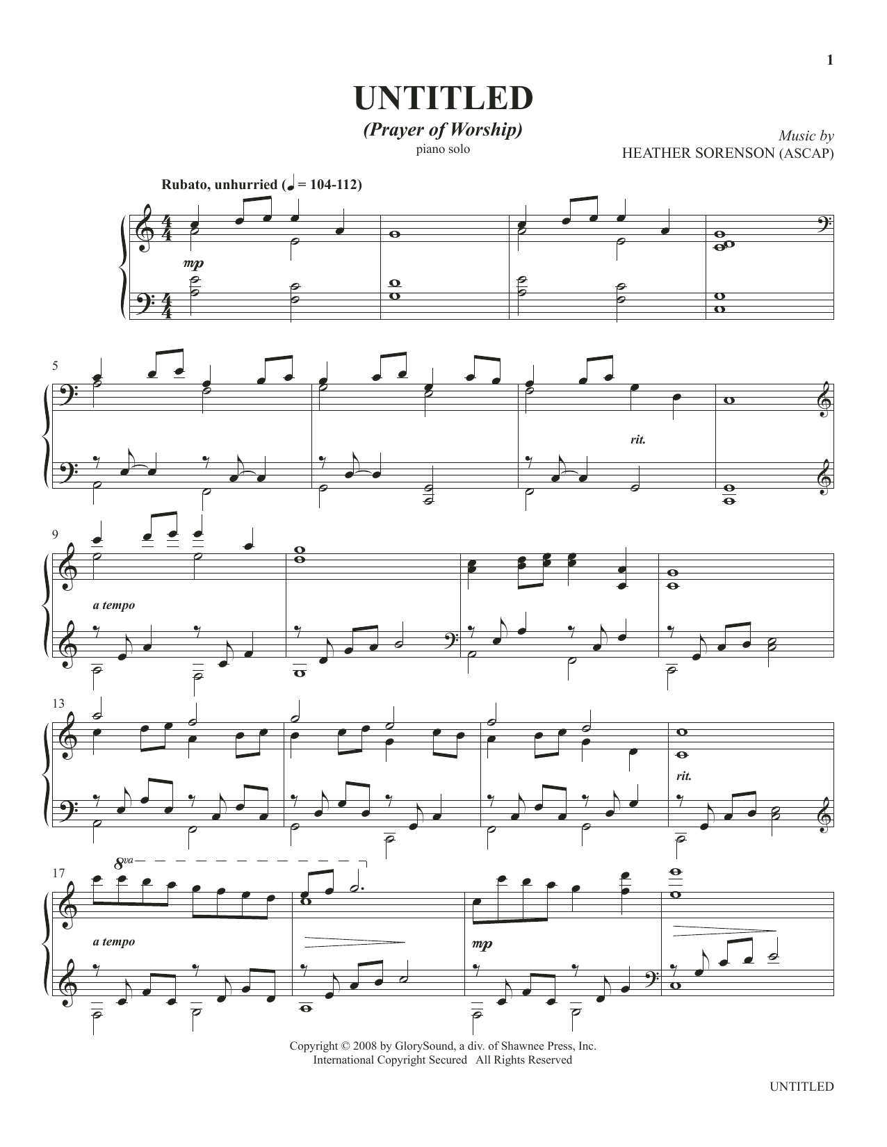 Heather Sorenson Untitled (from The Prayer Project) Sheet Music Notes & Chords for Piano Solo - Download or Print PDF