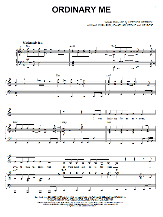 Preview Heather Headley Ordinary Me Pop sheet music, notes and chords for Piano, Vocal & Guitar (Right-Hand Melody), SKU: 71638 Ordinary Me sheet music