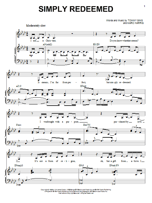 Preview Heather Headley Simply Redeemed Pop sheet music, notes and chords for Piano, Vocal & Guitar (Right-Hand Melody), SKU: 71644 Simply Redeemed sheet music