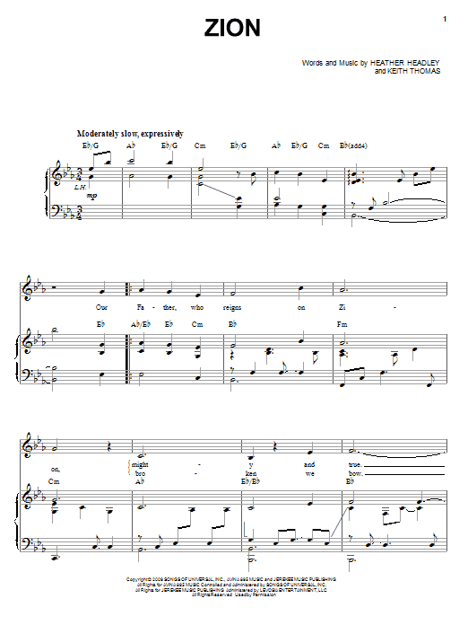 Preview Heather Headley Zion Pop sheet music, notes and chords for Piano, Vocal & Guitar (Right-Hand Melody), SKU: 71637 Zion sheet music