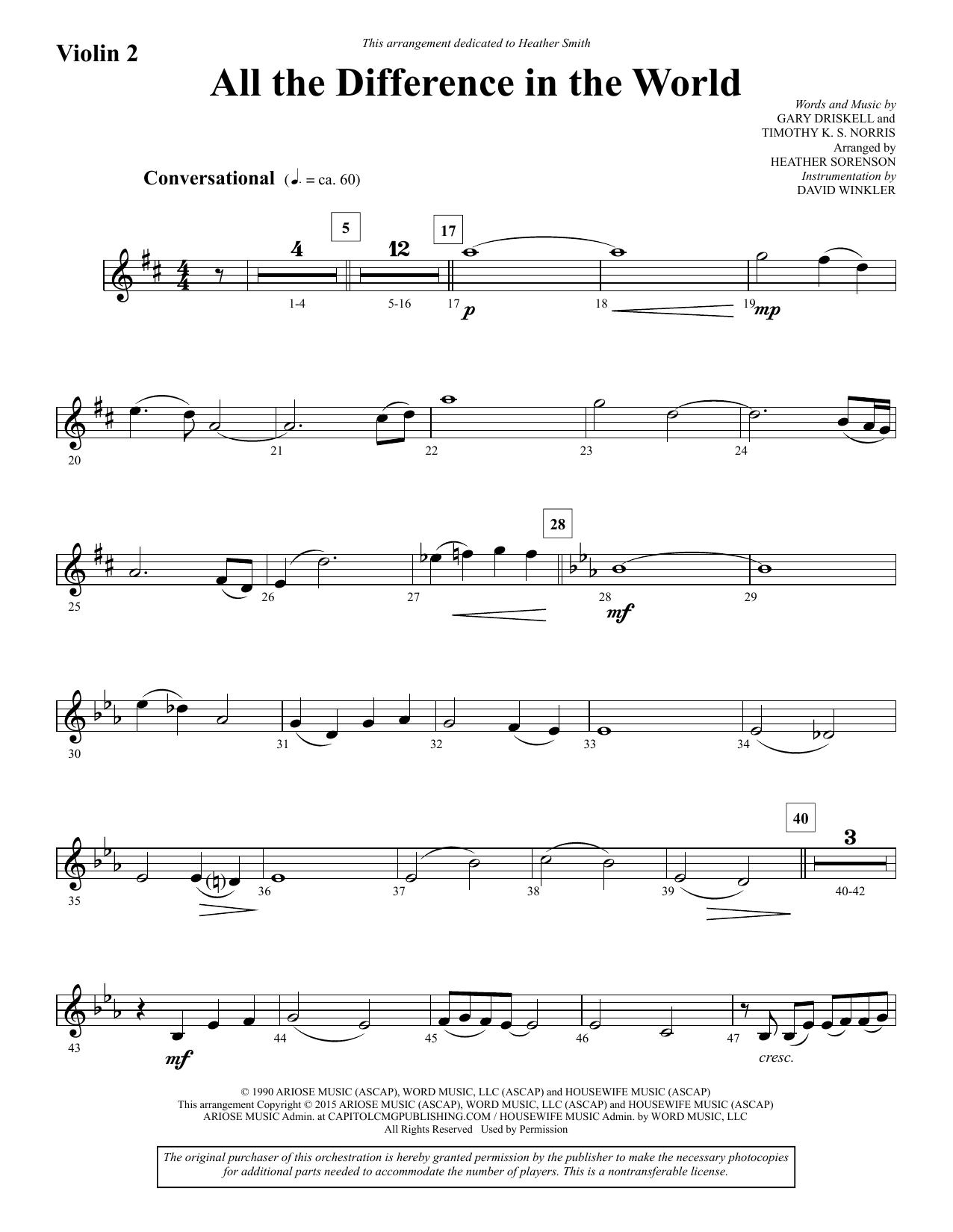 Preview Heather Sorenson All the Difference in the World - Violin 2 Sacred sheet music, notes and chords for Choir Instrumental Pak, SKU: 340678 All the Difference in the World - Violin 2 sheet music