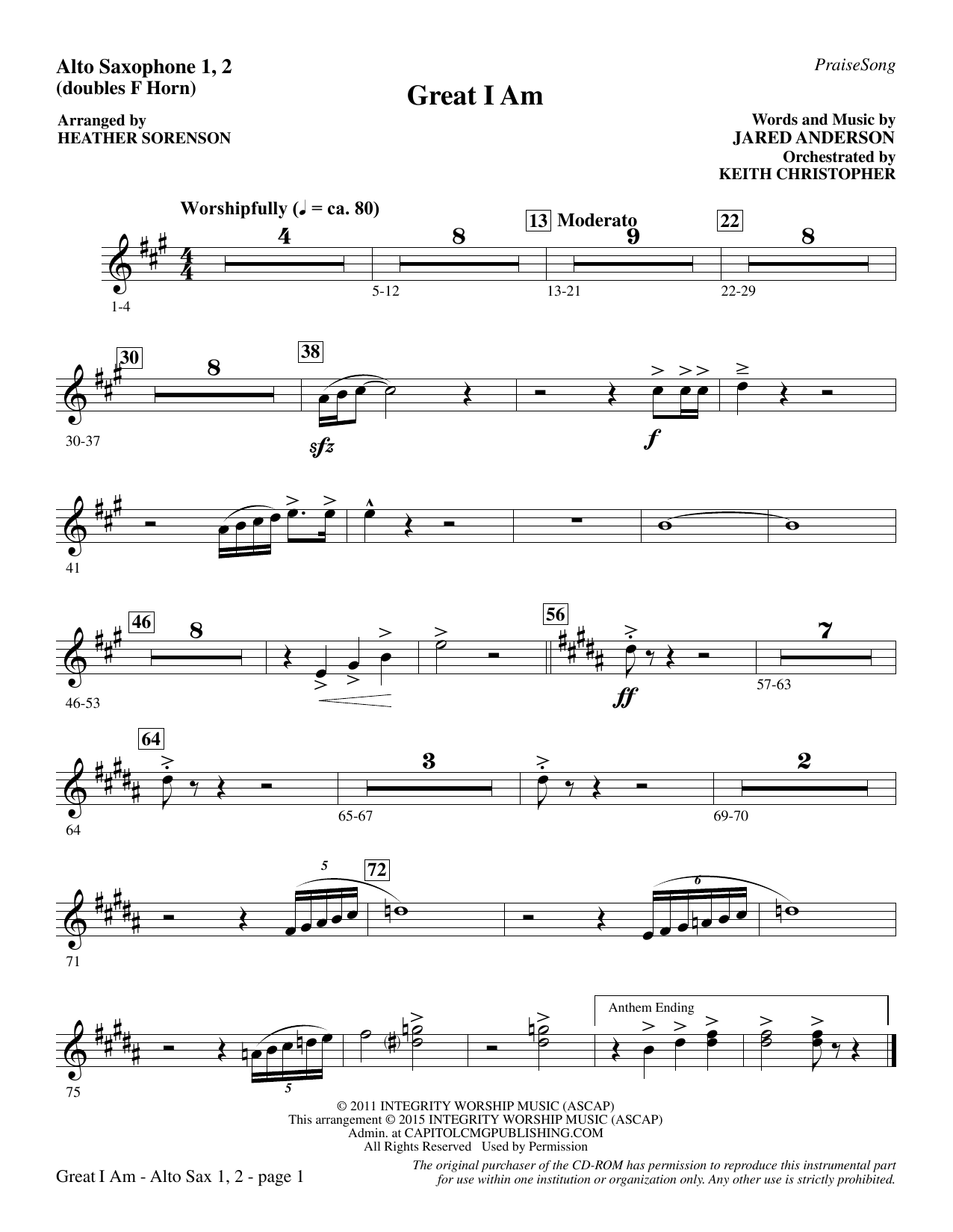 Preview Heather Sorenson Great I Am - Alto Sax (sub. Horn) Christian sheet music, notes and chords for Choir Instrumental Pak, SKU: 341841 Great I Am - Alto Sax (sub. Horn) sheet music