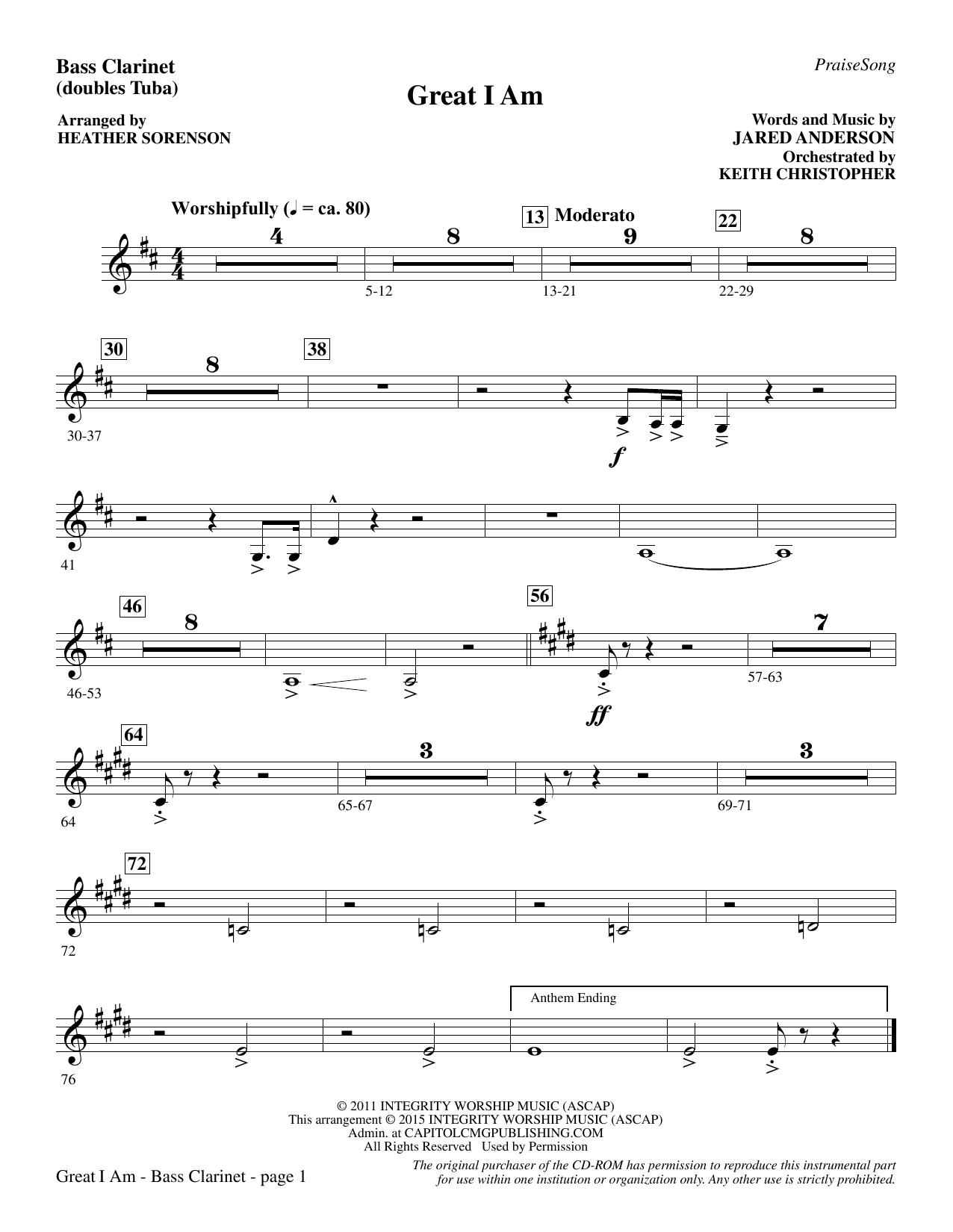 Preview Heather Sorenson Great I Am - Bass Clarinet (sub. Tuba) Christian sheet music, notes and chords for Choir Instrumental Pak, SKU: 341843 Great I Am - Bass Clarinet (sub. Tuba) sheet music