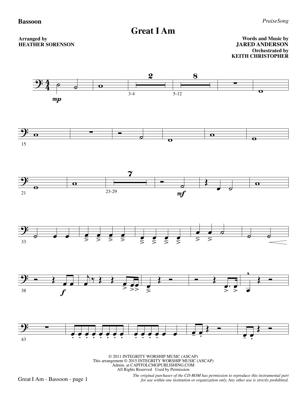Preview Heather Sorenson Great I Am - Bassoon Christian sheet music, notes and chords for Choir Instrumental Pak, SKU: 341815 Great I Am - Bassoon sheet music