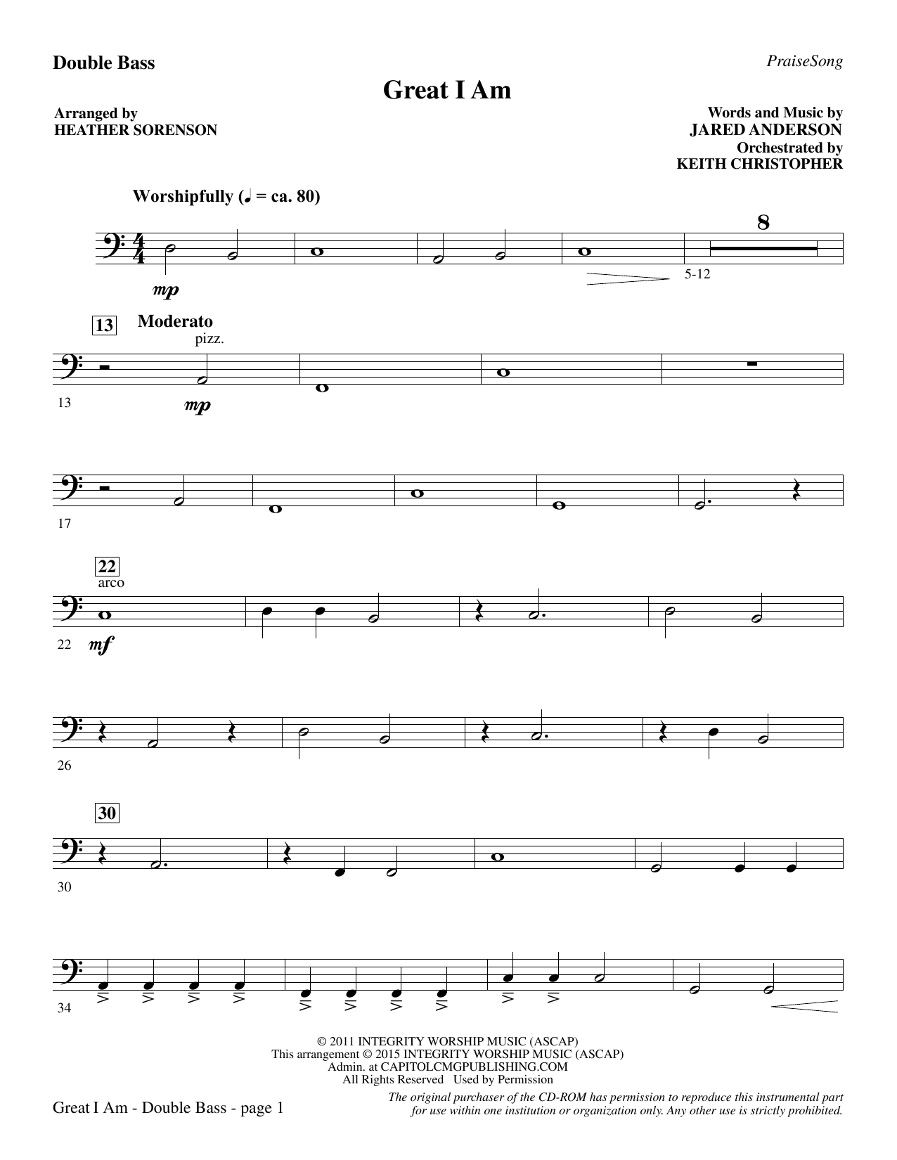 Preview Heather Sorenson Great I Am - Double Bass Christian sheet music, notes and chords for Choir Instrumental Pak, SKU: 341840 Great I Am - Double Bass sheet music