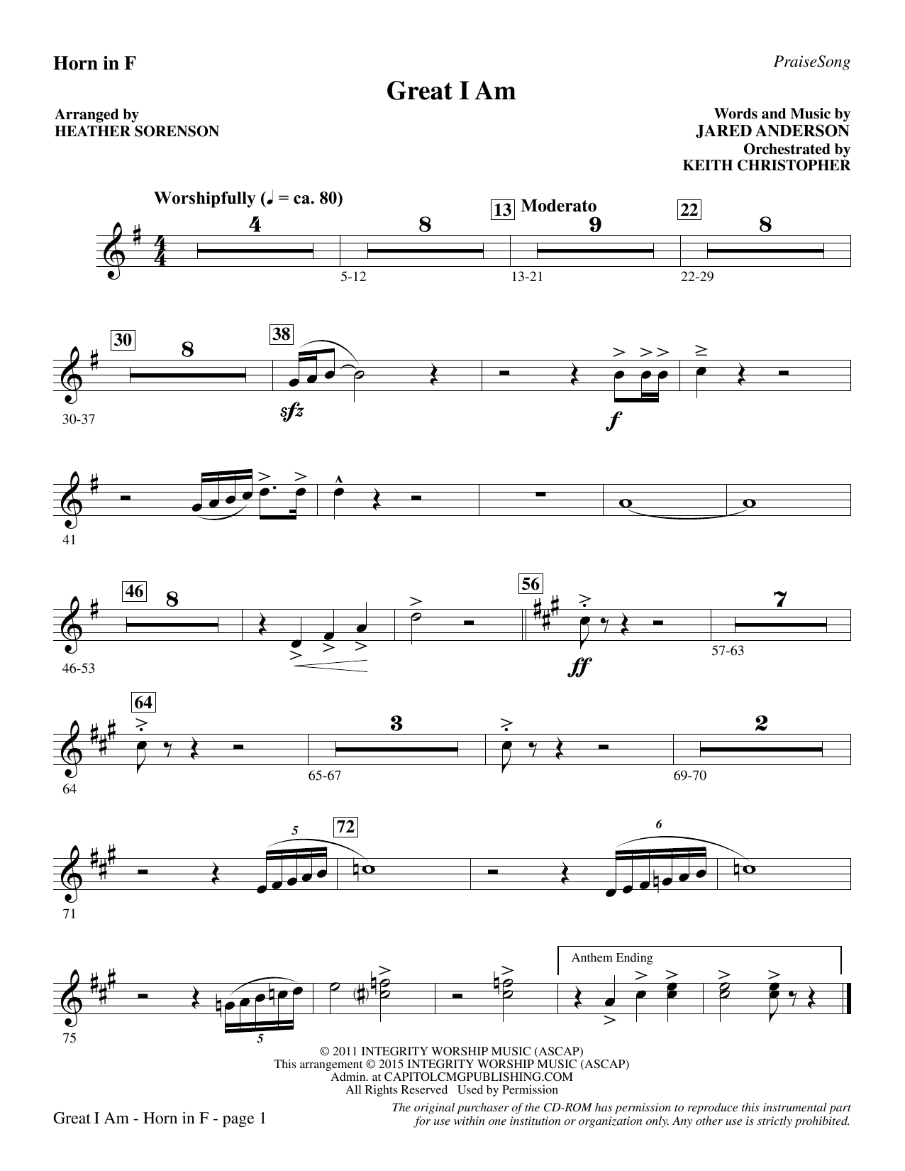 Preview Heather Sorenson Great I Am - F Horn Christian sheet music, notes and chords for Choir Instrumental Pak, SKU: 341818 Great I Am - F Horn sheet music