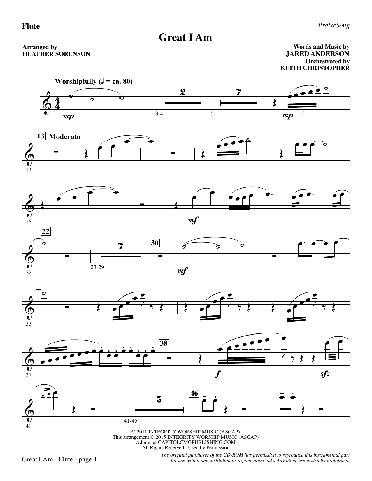 Preview Heather Sorenson Great I Am - Flute Christian sheet music, notes and chords for Choir Instrumental Pak, SKU: 341812 Great I Am - Flute sheet music