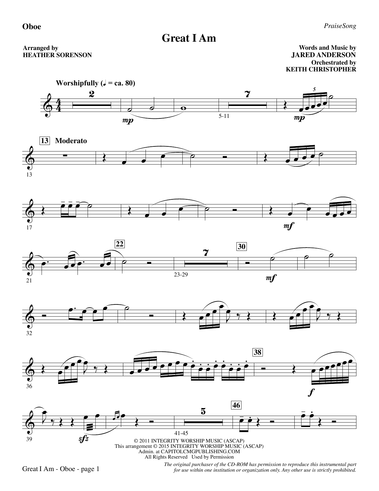 Preview Heather Sorenson Great I Am - Oboe Christian sheet music, notes and chords for Choir Instrumental Pak, SKU: 341813 Great I Am - Oboe sheet music