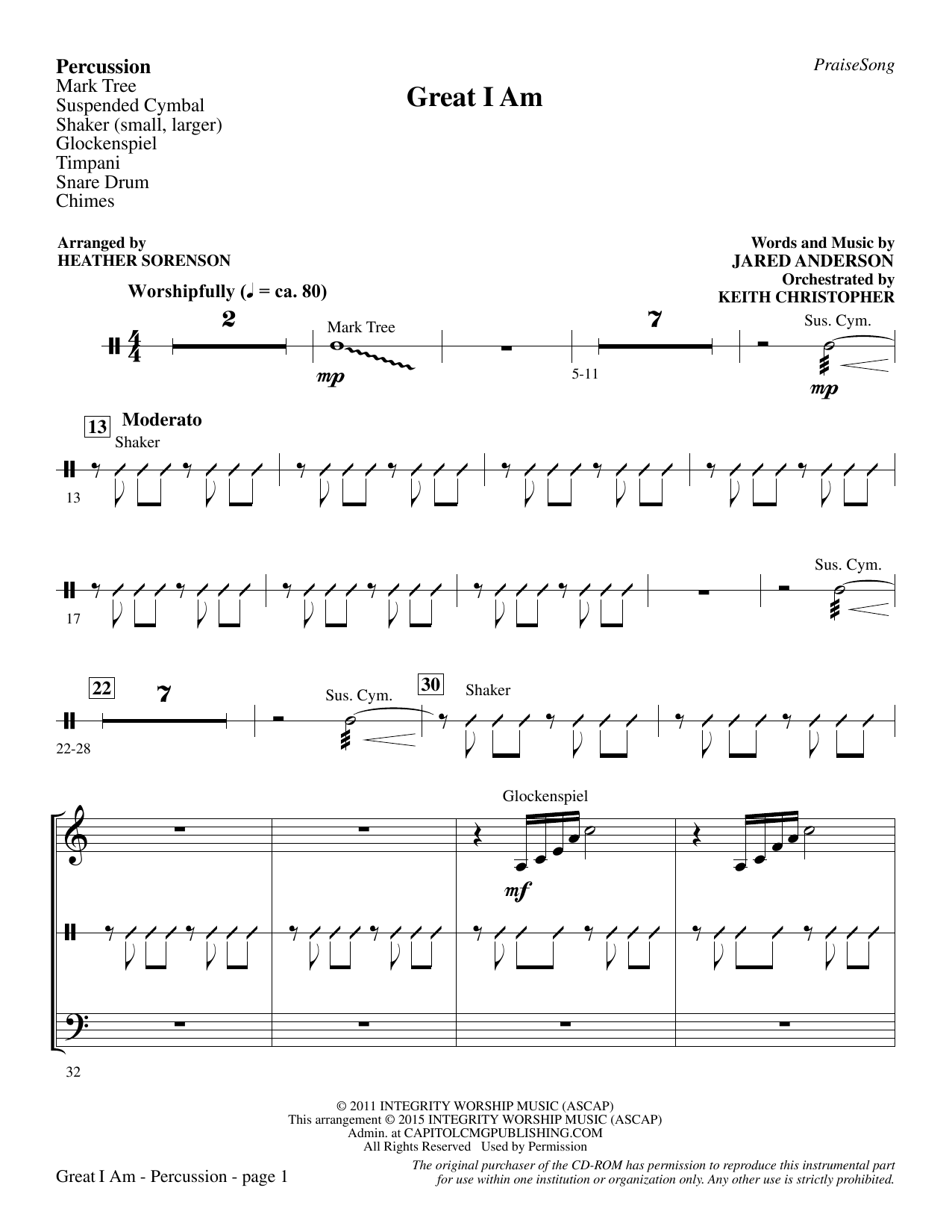 Preview Heather Sorenson Great I Am - Percussion Christian sheet music, notes and chords for Choir Instrumental Pak, SKU: 341821 Great I Am - Percussion sheet music