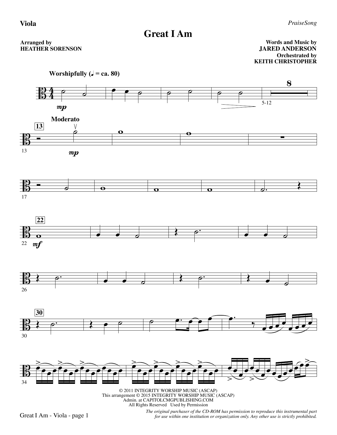 Preview Heather Sorenson Great I Am - Viola Christian sheet music, notes and chords for Choir Instrumental Pak, SKU: 341838 Great I Am - Viola sheet music