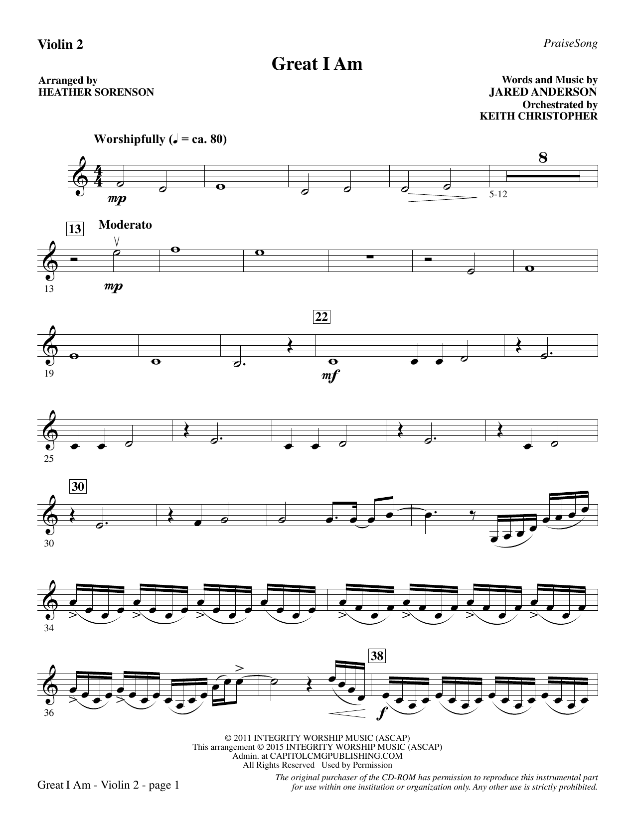 Preview Heather Sorenson Great I Am - Violin 2 Christian sheet music, notes and chords for Choir Instrumental Pak, SKU: 341837 Great I Am - Violin 2 sheet music